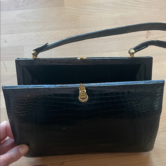 Vintage PISK Buenos Aires Crocodile Handbag | Black Exotic Skin | Top Handle